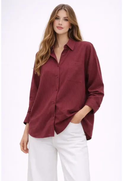Bordo Çizgili Jakar Kumaş Oversize Gömlek