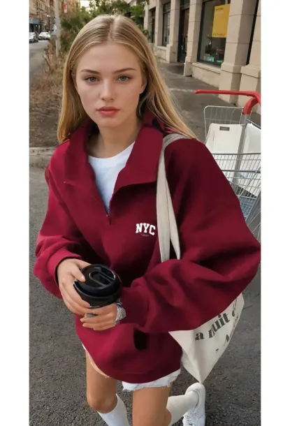 Bordo NYC Fermuarlı Üç İplik Oversize Sweatshirt