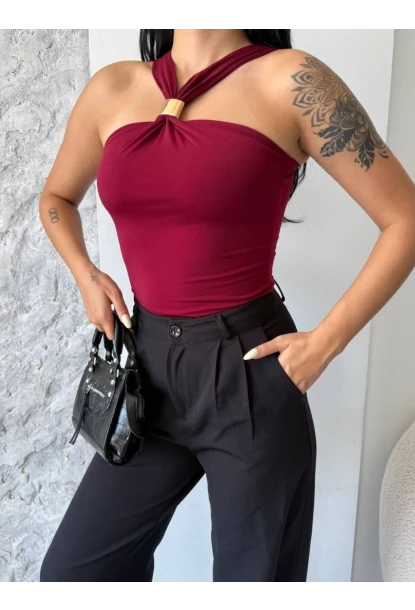 Bordo Sandy Kumaş Yaka Detay Bluz