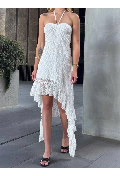 Boyundan Bağlamalı Straplez Asimetrik Astarlı Dantel Elbise Beyaz
