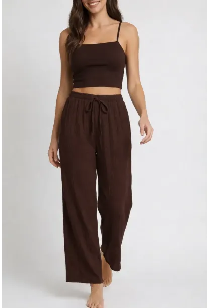 Bürümcük Kumaş Lastikli Bel Salaş Pantolon – Kahve Rahat Kesim Günlük Şıklık