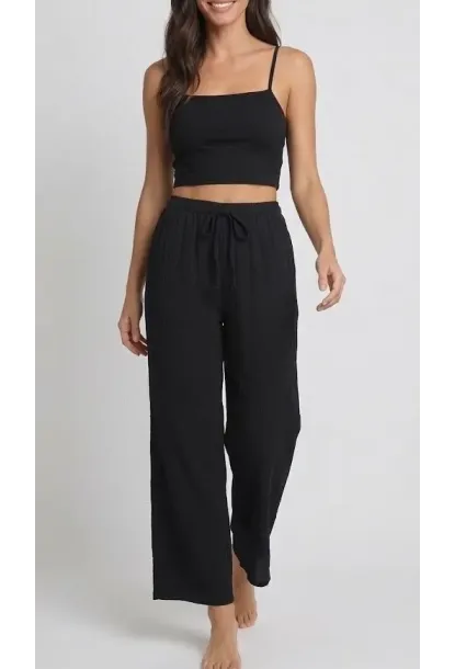 Bürümcük Kumaş Lastikli Bel Salaş Pantolon – Siyah Rahat Kesim Günlük Şıklık