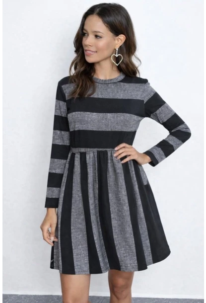 Çizgi Desenli Bisiklet Yaka Uzun Kollu Günlük Elbise – Gri Siyah