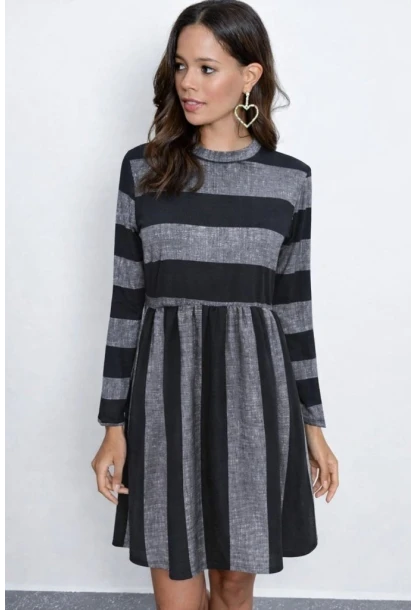 Çizgi Desenli Bisiklet Yaka Uzun Kollu Günlük Elbise – Gri Siyah