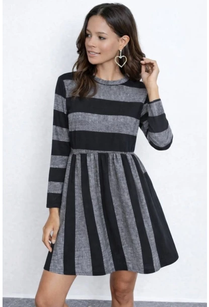 Çizgi Desenli Bisiklet Yaka Uzun Kollu Günlük Elbise – Gri Siyah