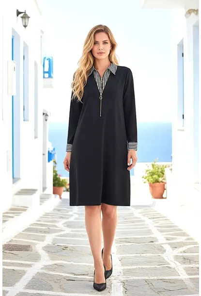 Çizgi Detaylı Fermuarlı Yaka Siyah Midi Elbise