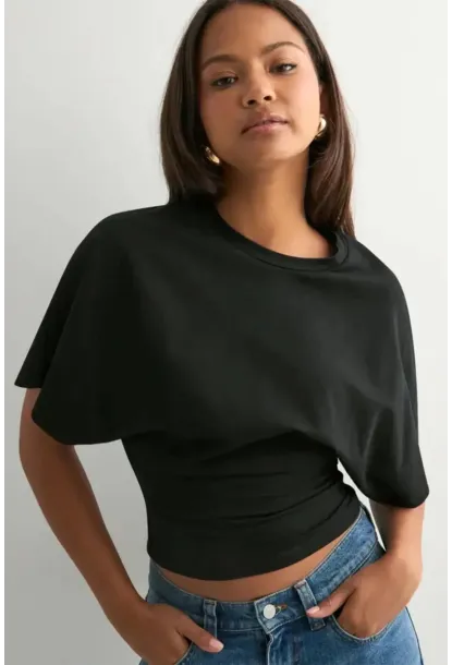 Dalgıç Kumaş Bele Oturan Bisiklet Yaka Geniş Kısa Kollu Bluz