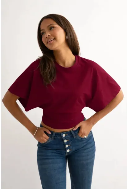 Dalgıç Kumaş Bele Oturan Bisiklet Yaka Geniş Kısa Kollu Bluz