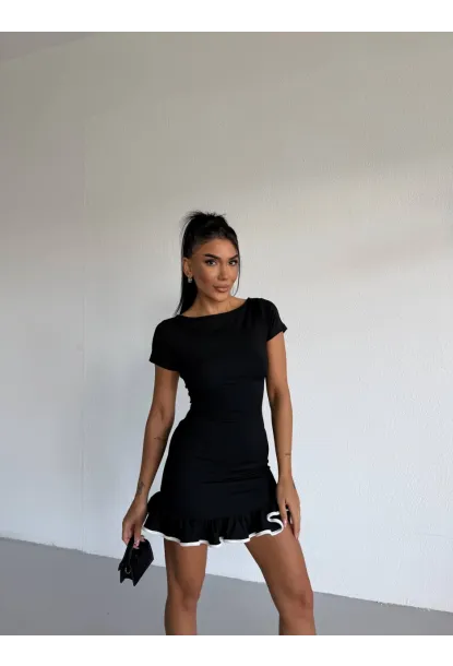 Dalgıç Kumaş Biyeli Elbise Siyah