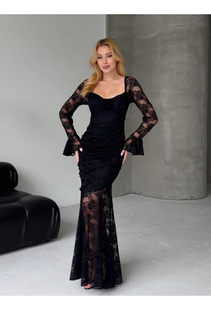 Dantel İç Astarlı Maxi Boy Elbise Siyah