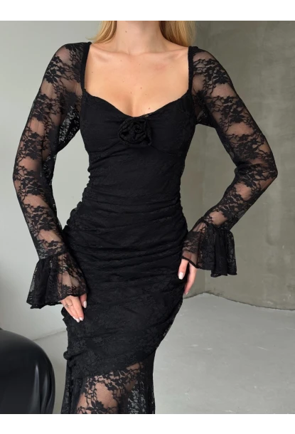 Dantel İç Astarlı Maxi Boy Elbise Siyah