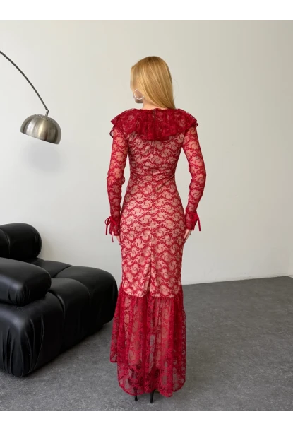 Dantel Kumaş Astarlı Maxi Boy Elbise Bordo