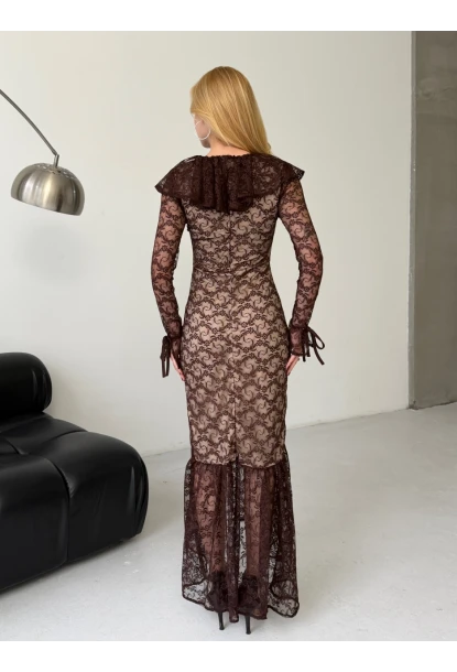 Dantel Kumaş Astarlı Maxi Boy Elbise Kahve