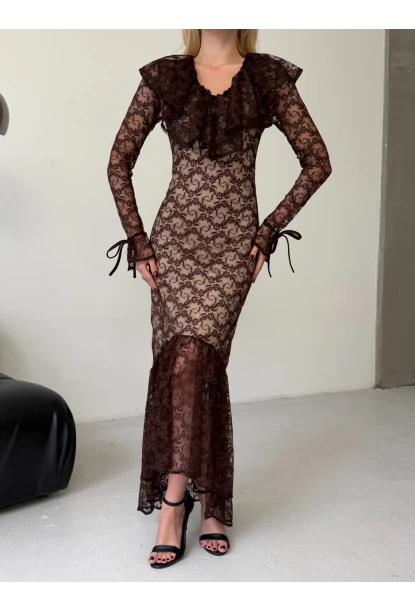 Dantel Kumaş Astarlı Maxi Boy Elbise Kahve