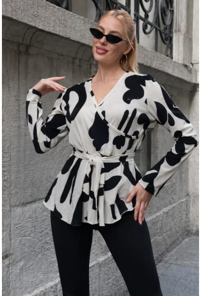 Desenli Kruvaze Yaka Kuşaklı Kadın Bluz