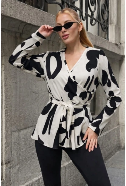 Desenli Kruvaze Yaka Kuşaklı Kadın Bluz