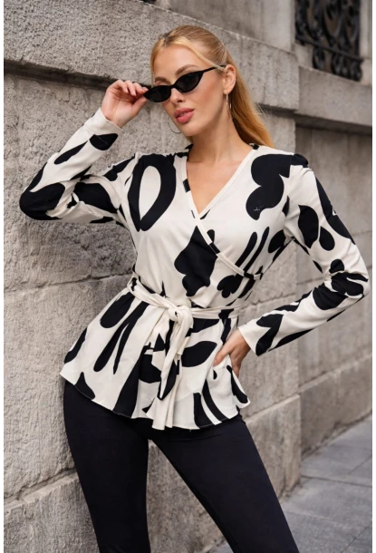 Desenli Kruvaze Yaka Kuşaklı Kadın Bluz