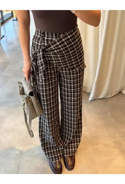 Ekose Desenli Bağlama Detaylı Yüksek Bel Pantolon – Şık & Rahat Kesim