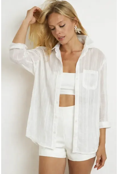 Ekru Çizgili Transparan Dokulu Oversize Kadın Gömlek