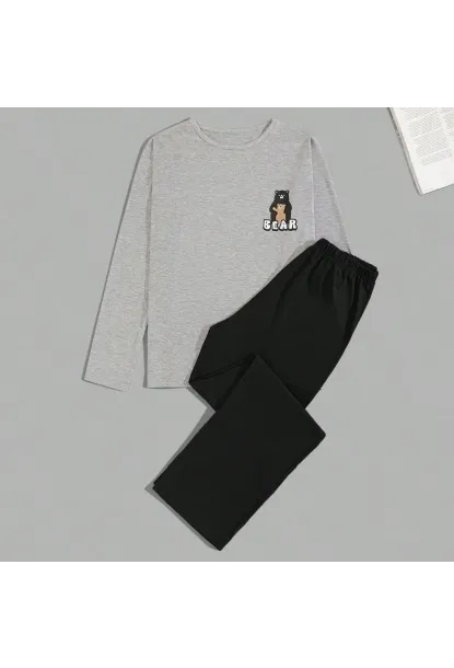 Erkek Uzun Kollu Pijama Takımı Ayı Baskılı