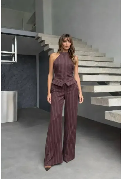 Fermuar Detay Çizgili Takım Kahve