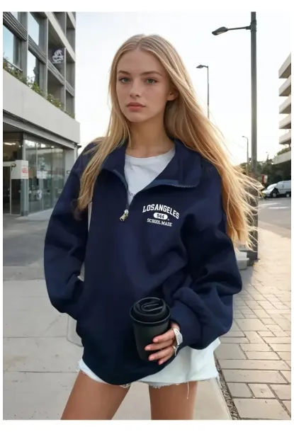 Fermuar Yaka Los Angeles Baskılı Üç İplik Sweatshirt