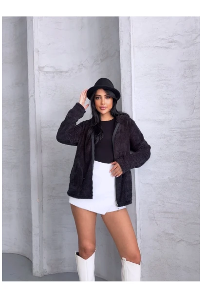 Fermuarlı Kapşonlu Siyah Polar Sweatshirt