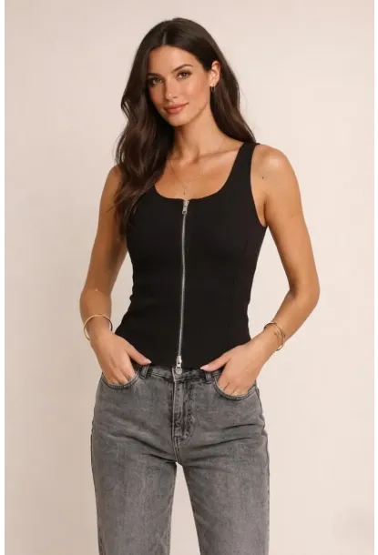Fermuarlı Sıfır Kol Bluz Siyah