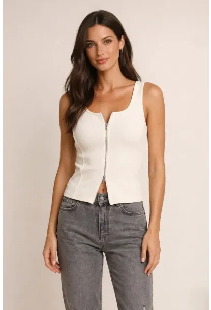 Fermuarlı Sıfır Kol Bluz Ekru