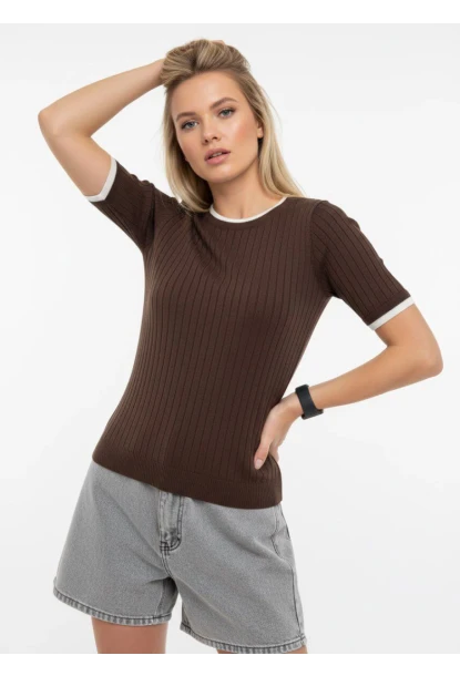 Fitilli Kısa Kollu Biyeli Triko Bluz Kahve