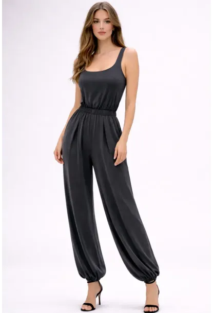 Füme Modal Kumaş Lastik Bel Detaylı Şalvar Form Tulum