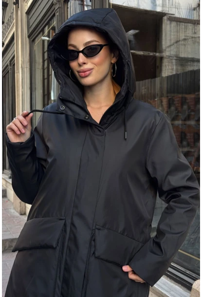Geniş Cepli Kapüşonlu Uzun Mont Siyah