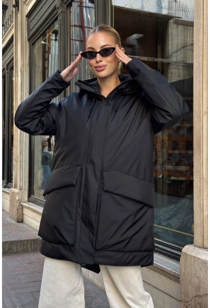 Geniş Cepli Kapüşonlu Uzun Mont Siyah