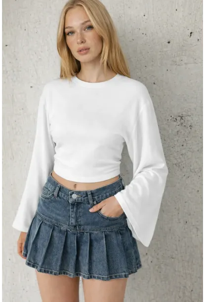 Geniş Kol Crop Bluz Beyaz