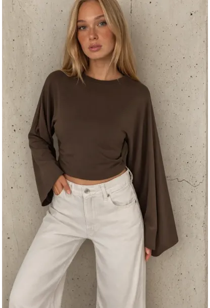 Geniş Kol Crop Bluz Kahverengi