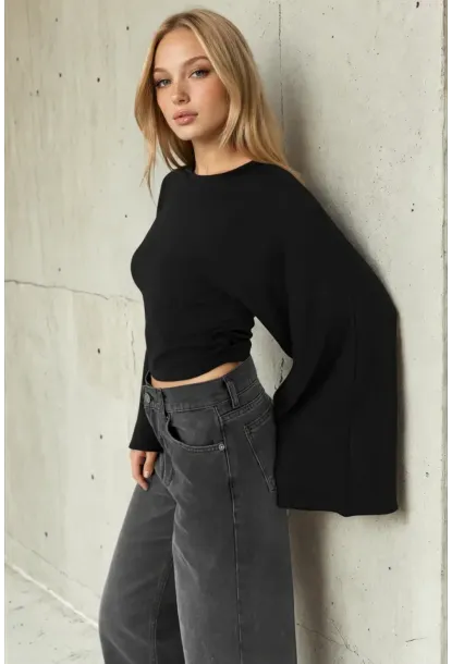 Geniş Kol Crop Bluz Siyah