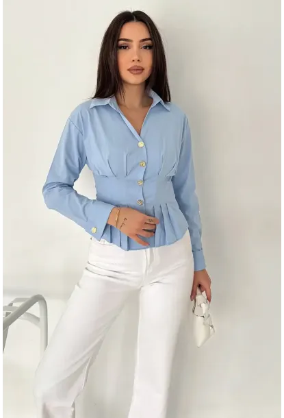 Gold Düğme Pile Detaylı Gömlek Mavi