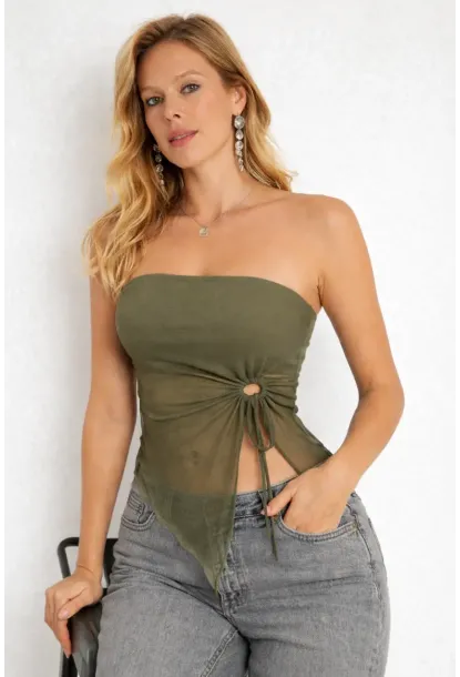 Haki Straplez Tül Detaylı Büzgülü Crop Bluz