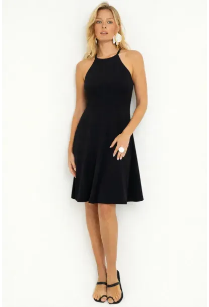 Siyah Kaşkorse Halter Yaka Mini Elbise