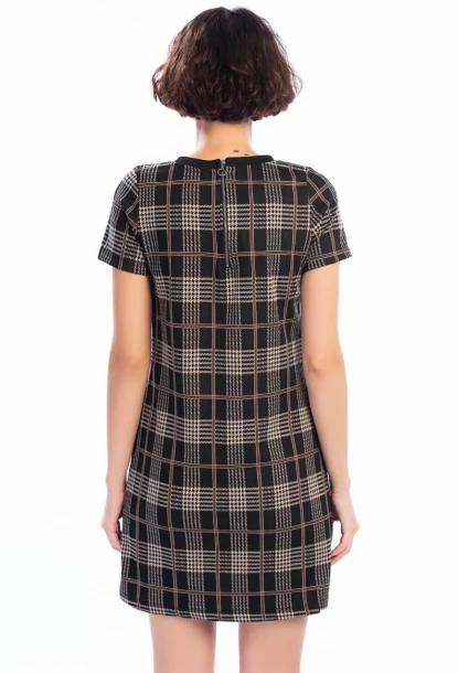 Jakarlı Ekose Desenli Sırtı Fermuarlı Elbise