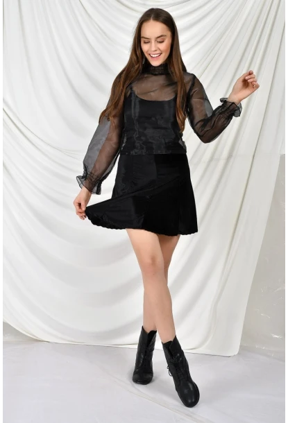 Kadife Parçalı Lastikli Kısa Etek