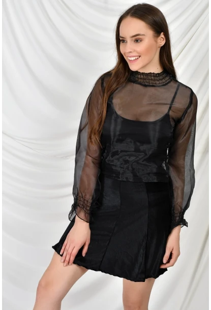 Kadife Parçalı Lastikli Kısa Etek