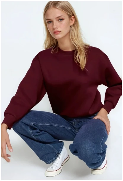 Kadın Basic Bordo Oversize Sweatshirt