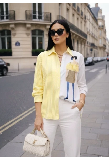 Kadın Baskılı Gömlek Çizgili Bloklu Gömlek Sarı