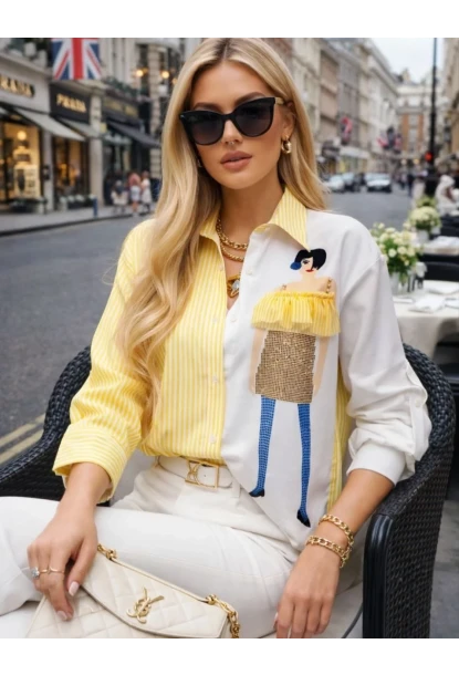 Kadın Baskılı Gömlek Çizgili Bloklu Gömlek Sarı