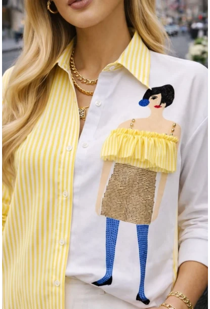 Kadın Baskılı Gömlek Çizgili Bloklu Gömlek Sarı