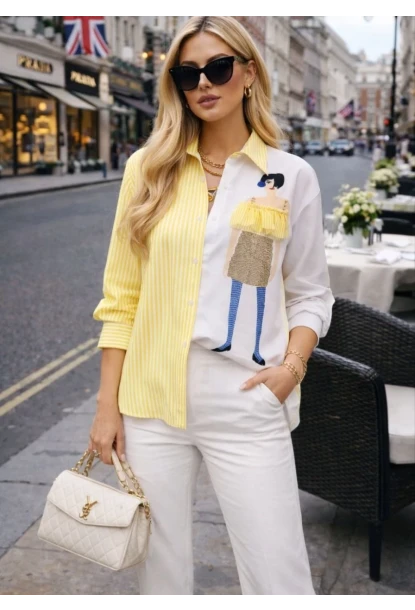 Kadın Baskılı Gömlek Çizgili Bloklu Gömlek Sarı