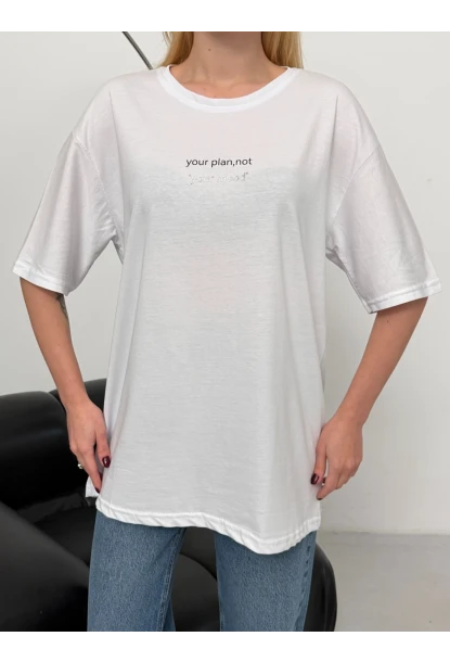 Kadın Baskılı Oversize Beyaz T-shirt