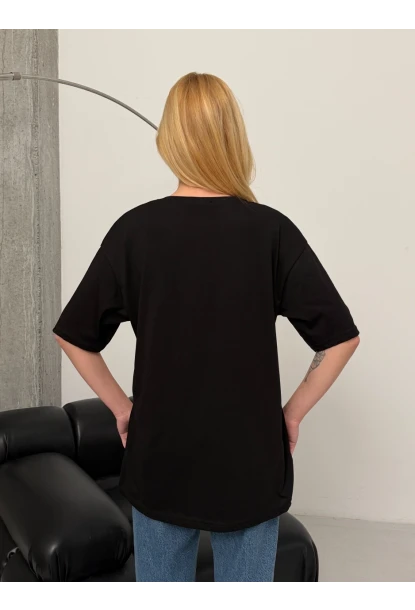 Kadın Baskılı Oversize T-Shirt Siyah