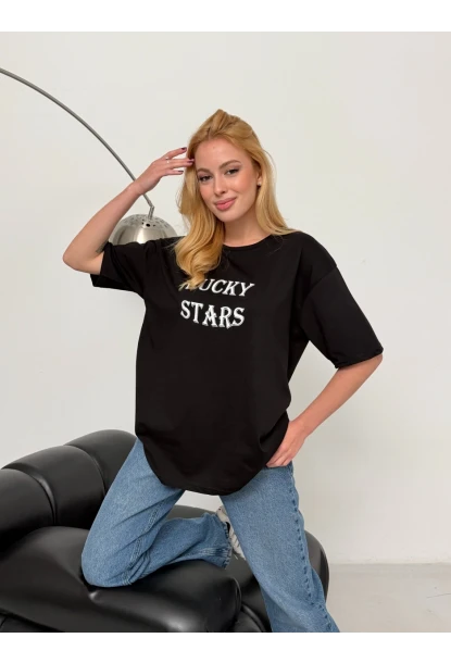 Kadın Baskılı Oversize T-Shirt Siyah